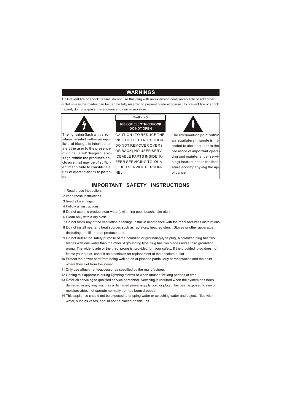 Warnings, Important safety instructions | Curtis RCD869 User Manual | Page 4 / 17