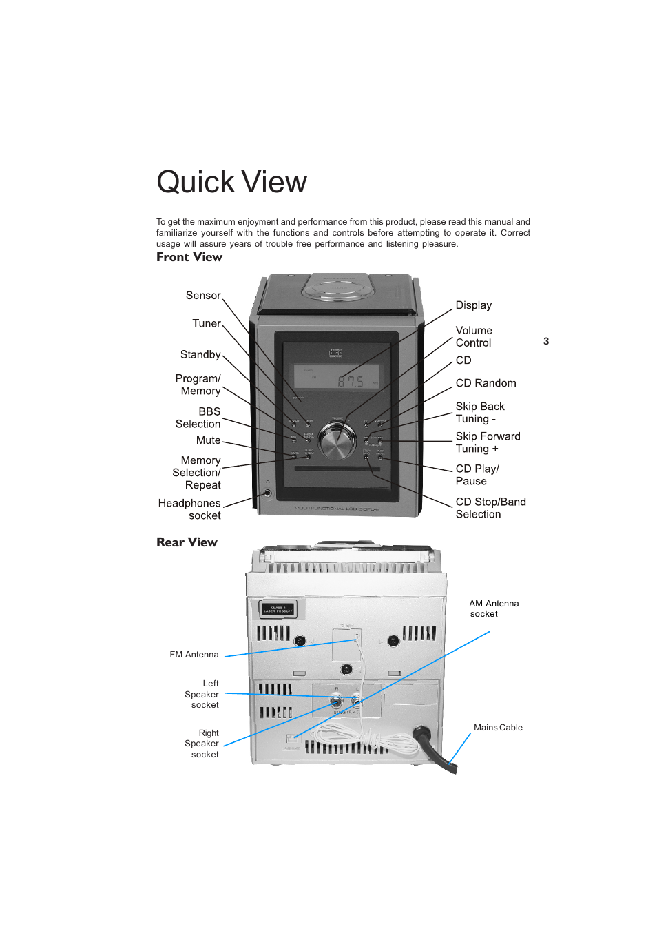 Quick view, Front view, Rear view | Curtis RCD869 User Manual | Page 5 / 17