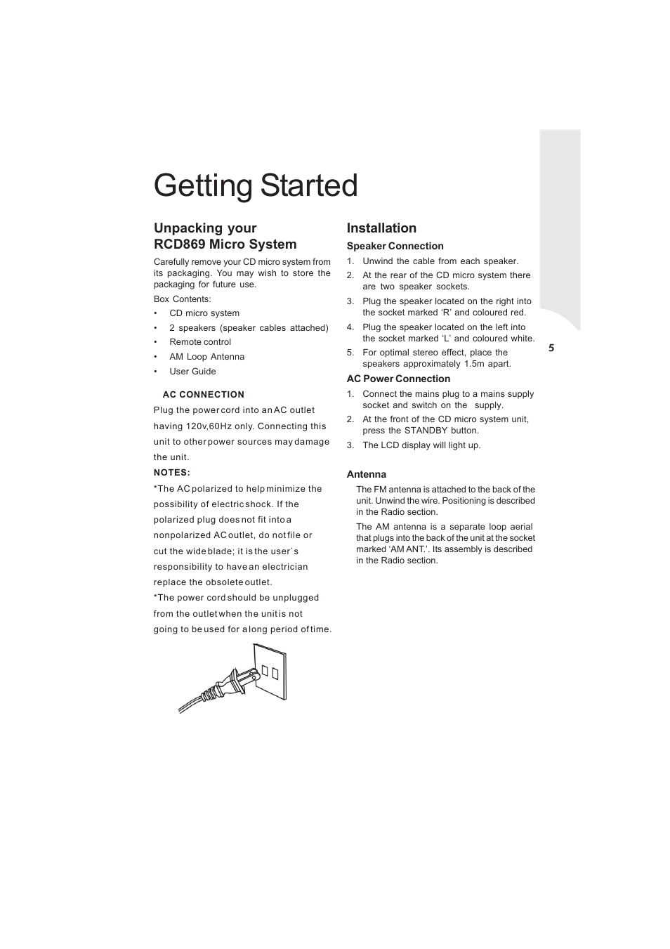 Getting started, Unpacking your rcd869 micro system, Installation | Curtis RCD869 User Manual | Page 7 / 17