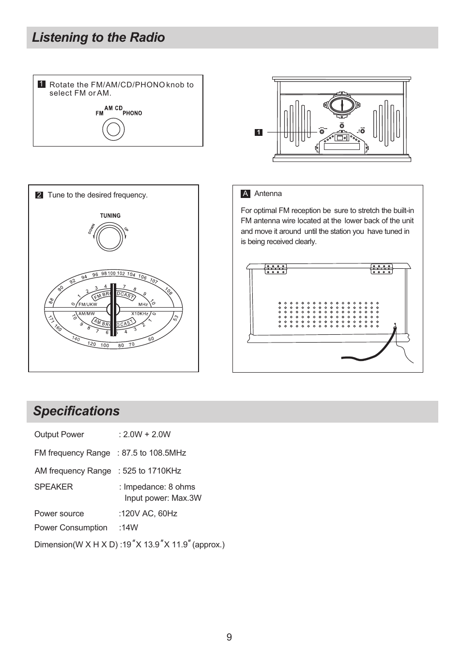 Ò³ãæ 10, Listening to the radio, Specifications | 1antenna | Curtis RCD817 User Manual | Page 10 / 11