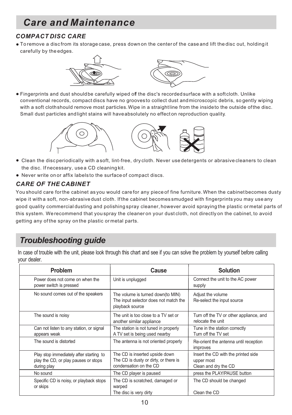 Ò³ãæ 11, Care and maintenance, Troubleshooting guide | Problem cause solution, Care of the cabinet, Compact disc care | Curtis RCD817 User Manual | Page 11 / 11