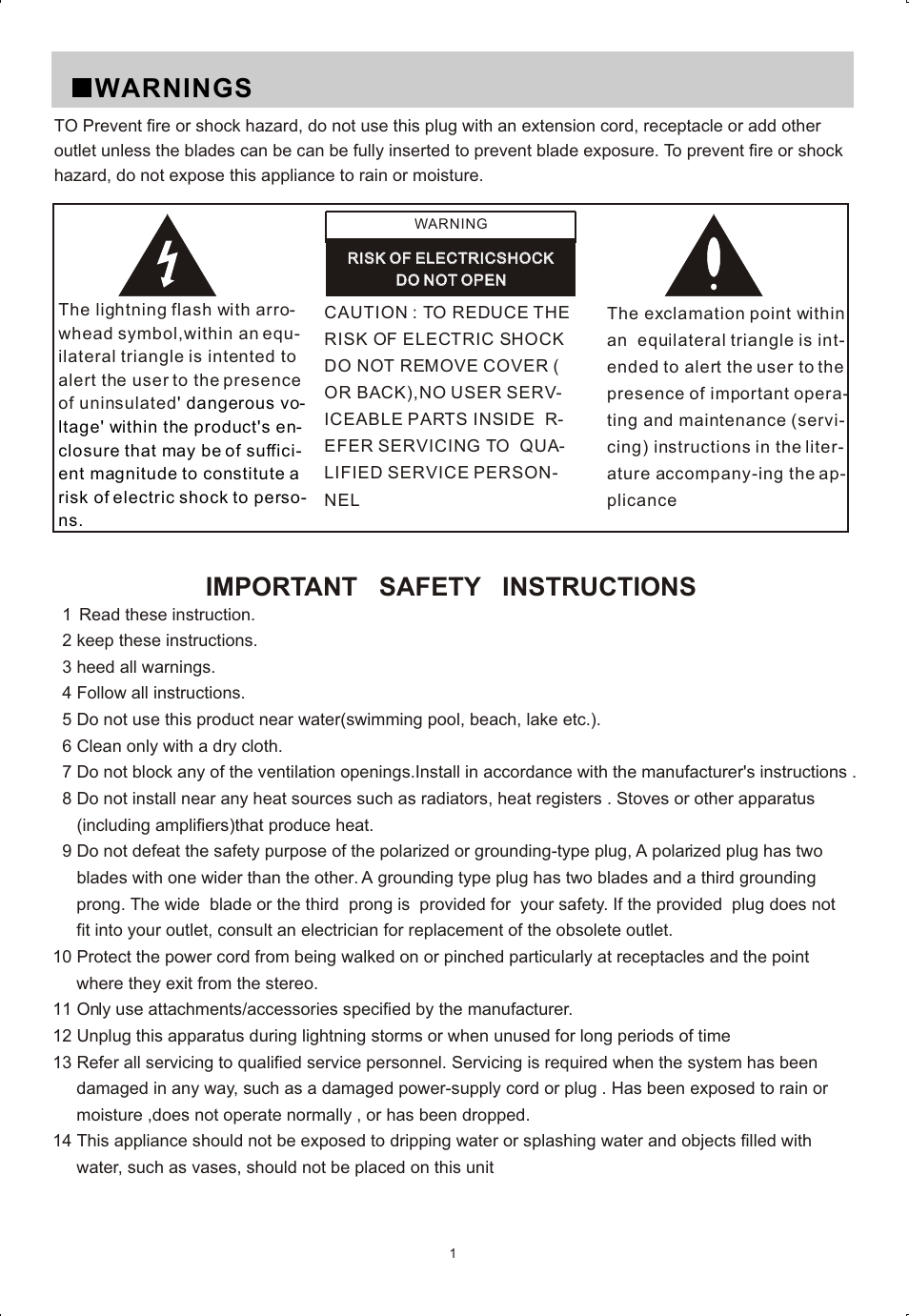 Ò³ãæ 2, Warnings, Important safety instructions | Curtis RCD820 User Manual | Page 2 / 11