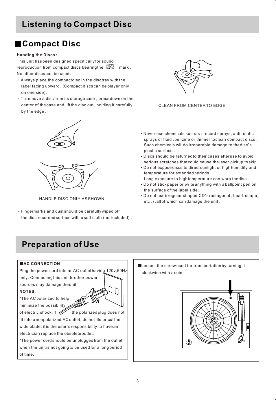 Ò³ãæ 4, Listening to compact disc compact disc, Preparation of use | Curtis RCD820 User Manual | Page 4 / 11