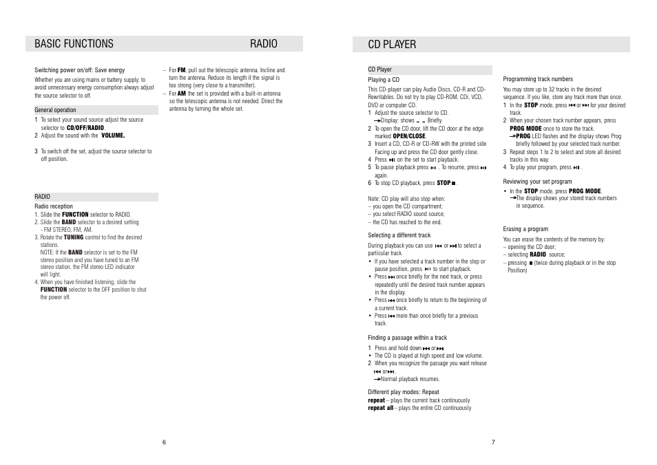 Basic functions radio, Cd player | Curtis RCD163A User Manual | Page 4 / 5