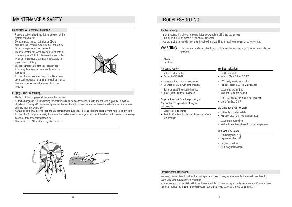 Maintenance & safety, Troubleshooting, Warning | Curtis RCD163A User Manual | Page 5 / 5