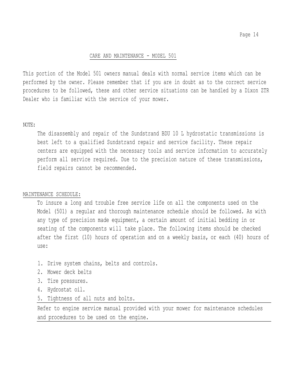 Drive system chains, belts and controls, Mower deck belts, Tire pressures | Hydrostat oil | Dixon 501 User Manual | Page 17 / 35