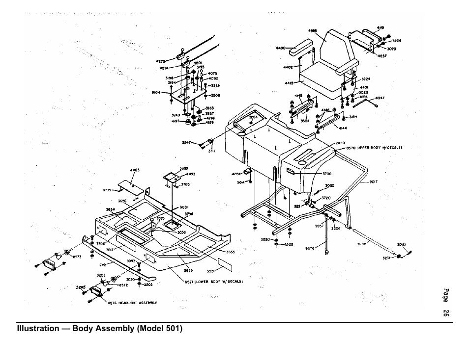 Illustration — body assembly (model 501) | Dixon 501 User Manual | Page 29 / 35