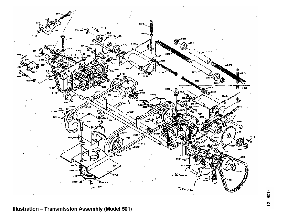 Illustration – transmission assembly (model 501) | Dixon 501 User Manual | Page 30 / 35