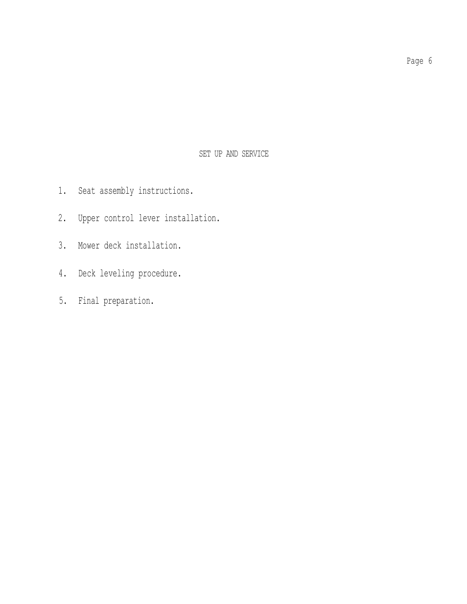 Seat assembly instructions, Upper control lever installation, Mower deck installation | Deck leveling procedure, Final preparation | Dixon 501 User Manual | Page 9 / 35