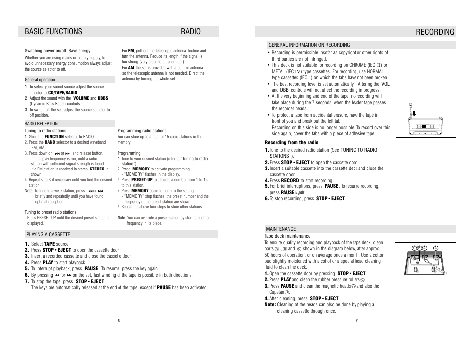 Recording, Basic functions radio | Curtis RCD4400 User Manual | Page 4 / 6