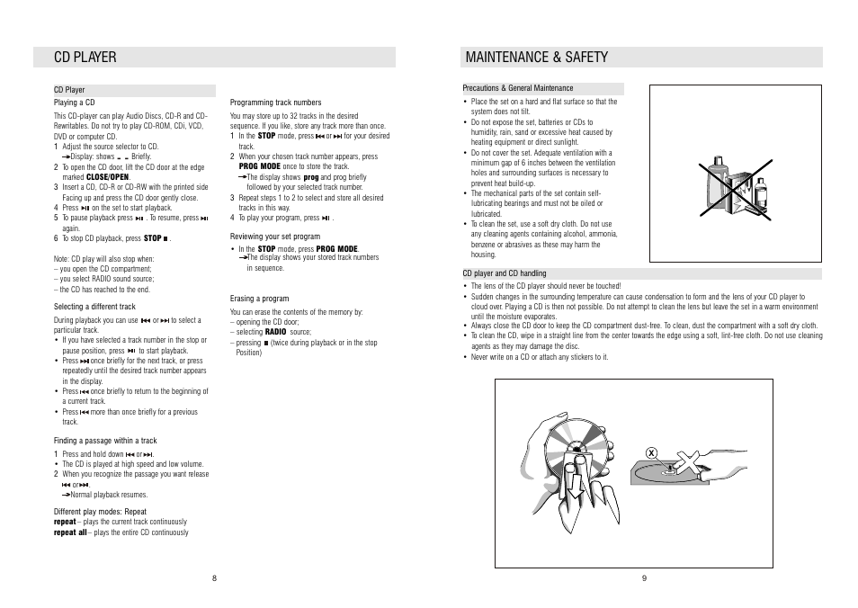 Maintenance & safety, Cd player | Curtis RCD4400 User Manual | Page 5 / 6