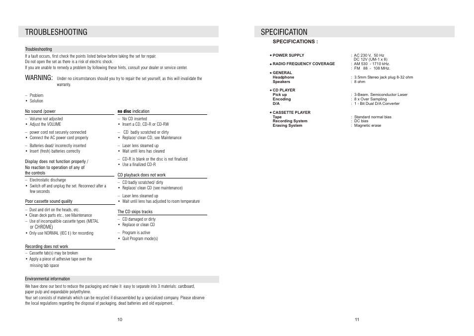 Troubleshooting, Specification, Warning | Curtis RCD4400 User Manual | Page 6 / 6