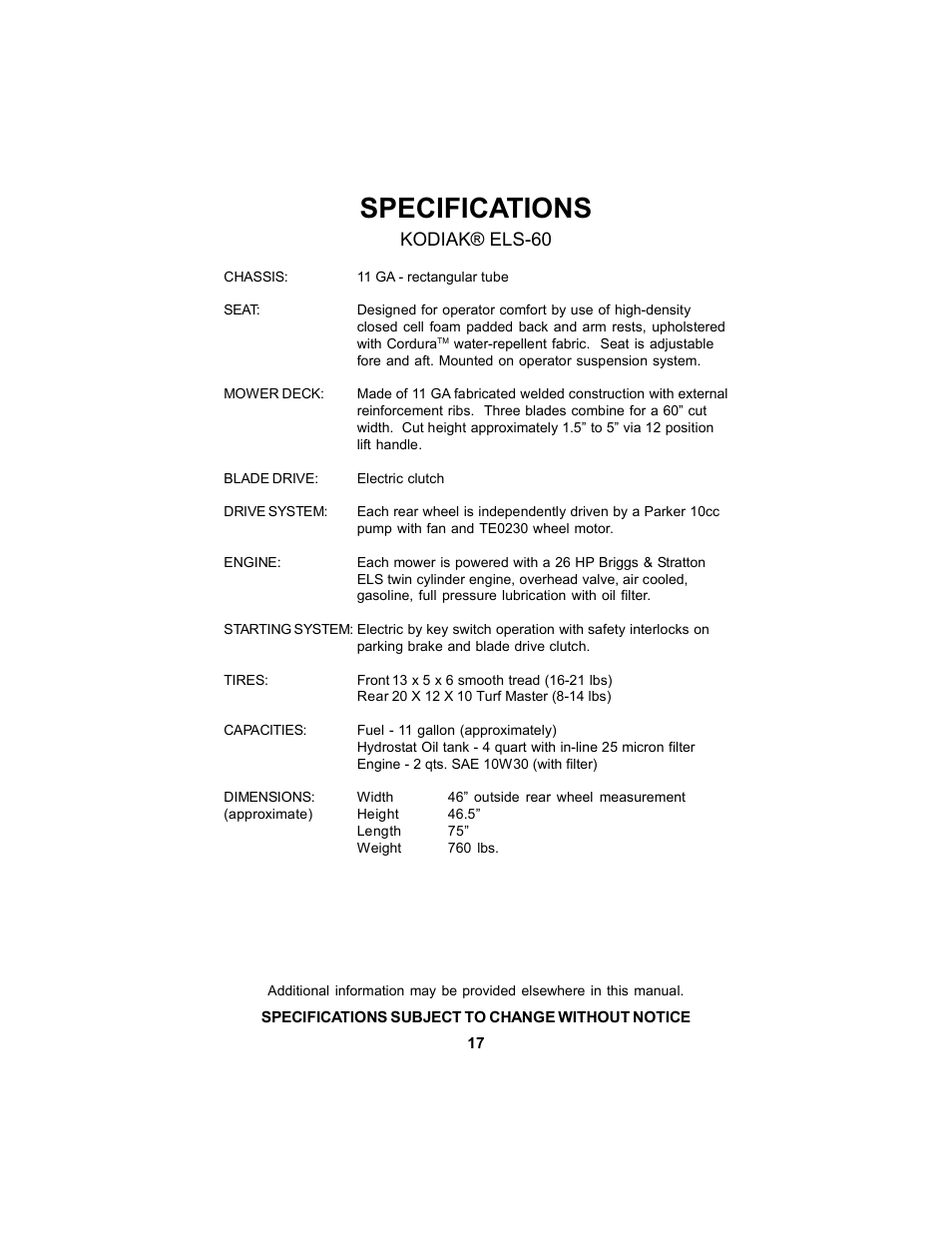 Specifications, Kodiak® els-60 | Dixon KODIAK 11806-106 User Manual | Page 17 / 52