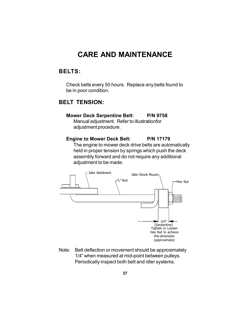 Care and maintenance, Belts, Belt tension | Dixon KODIAK 11806-106 User Manual | Page 37 / 52