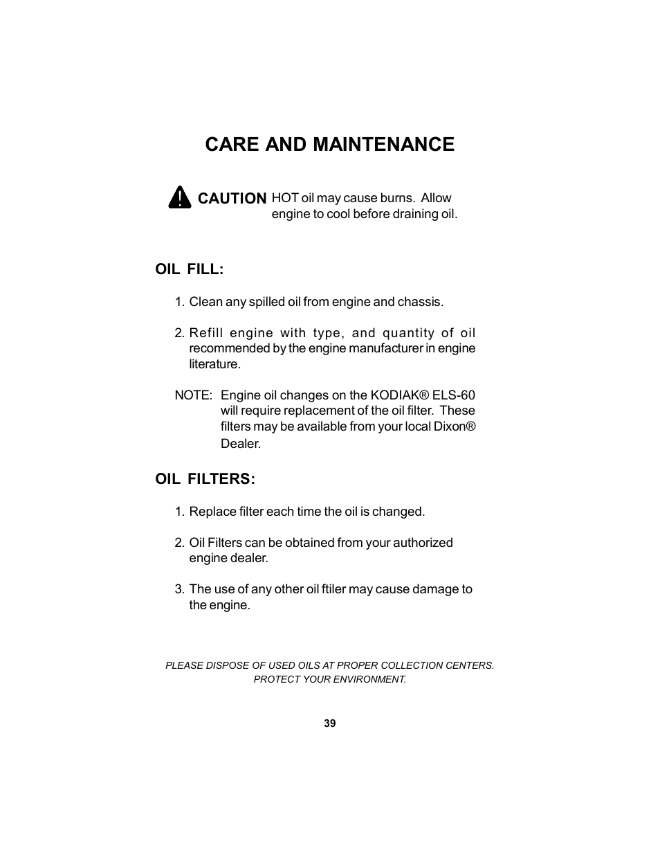 Care and maintenance | Dixon KODIAK 11806-106 User Manual | Page 39 / 52