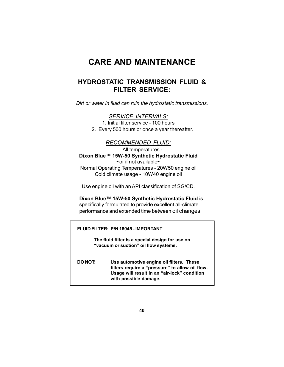 Care and maintenance | Dixon KODIAK 11806-106 User Manual | Page 40 / 52