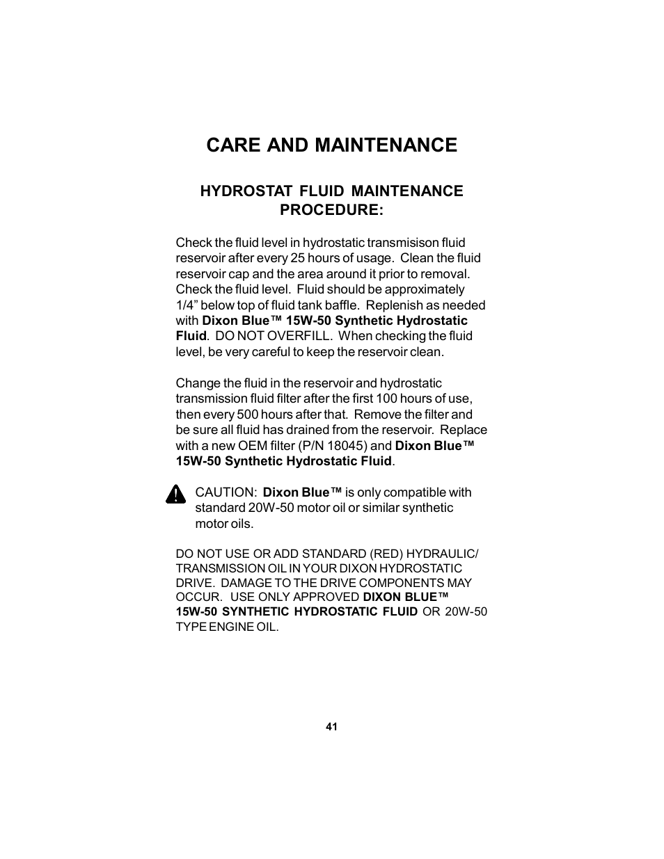 Care and maintenance | Dixon KODIAK 11806-106 User Manual | Page 41 / 52