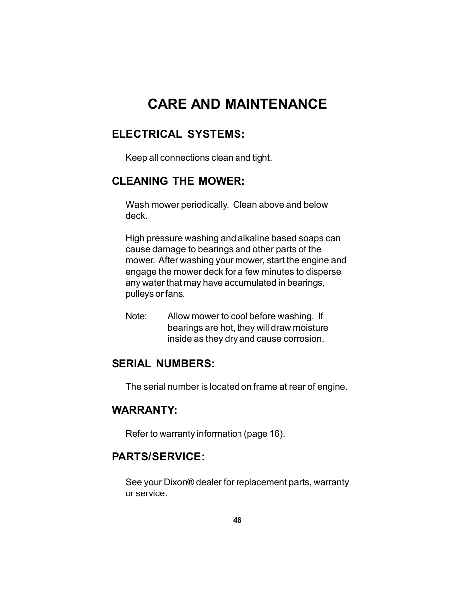 Care and maintenance | Dixon KODIAK 11806-106 User Manual | Page 46 / 52
