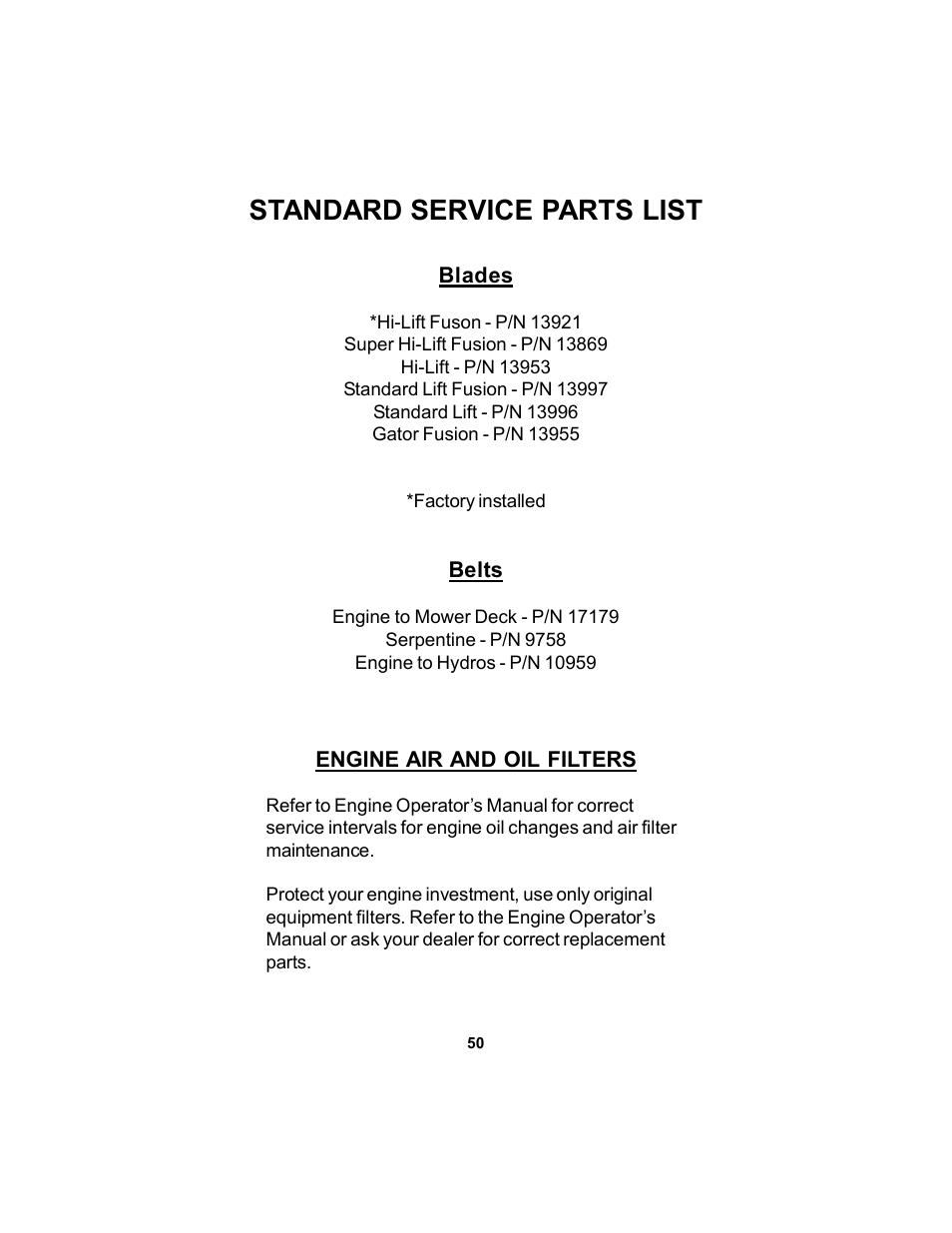 Standard service parts list | Dixon KODIAK 11806-106 User Manual | Page 50 / 52