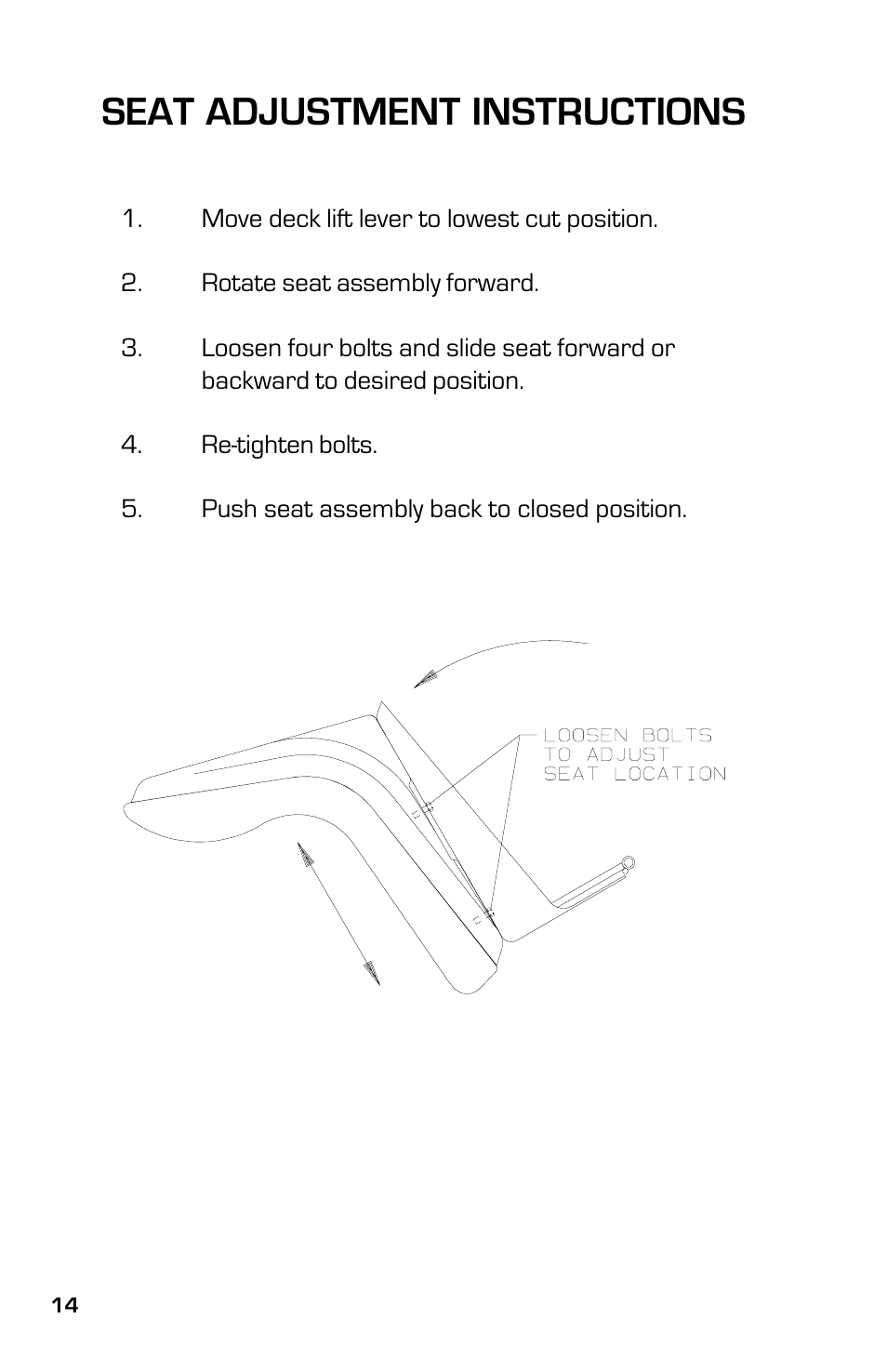 Seat adjustment instructions | Dixon 13641-0802 User Manual | Page 14 / 44