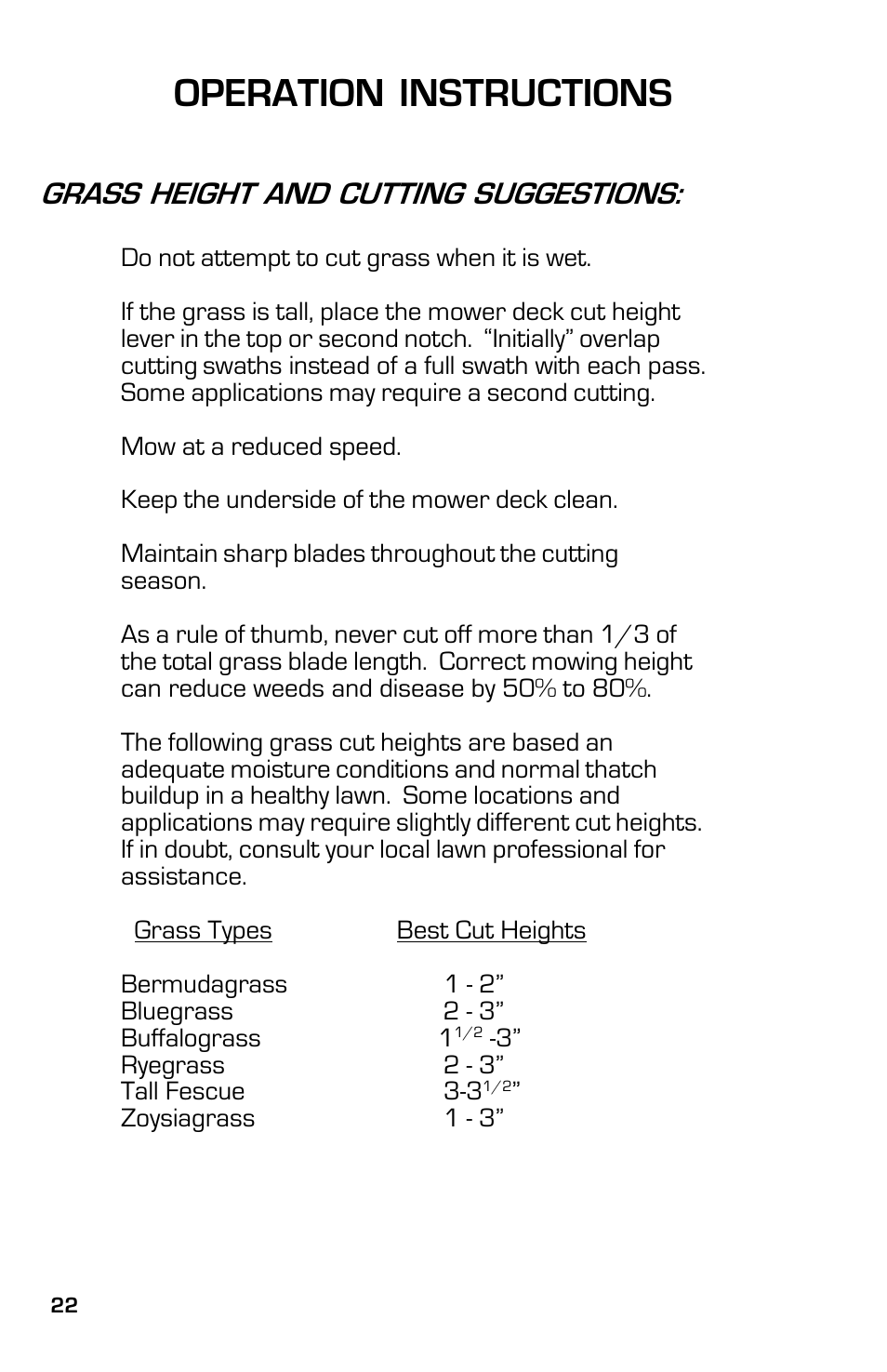 Operation instructions, Grass height and cutting suggestions | Dixon 13641-0802 User Manual | Page 22 / 44