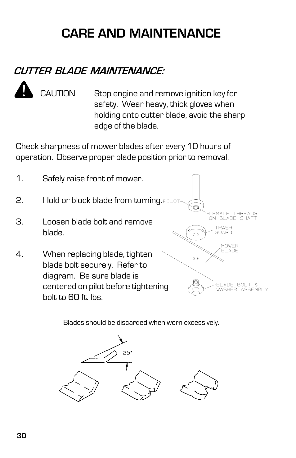 Care and maintenance, Cutter blade maintenance | Dixon 13641-0802 User Manual | Page 30 / 44
