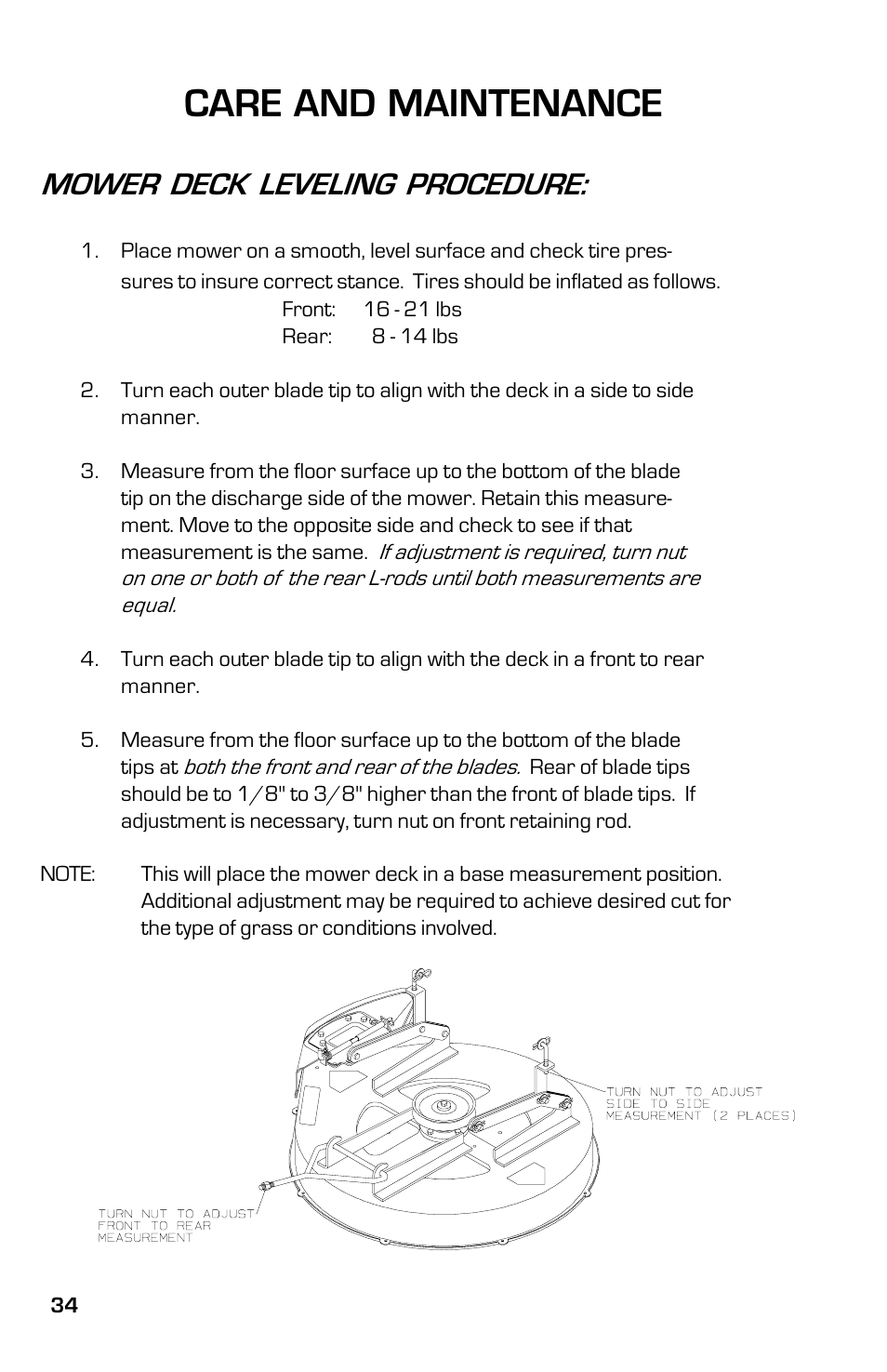 Care and maintenance, Mower deck leveling procedure | Dixon 13641-0802 User Manual | Page 34 / 44