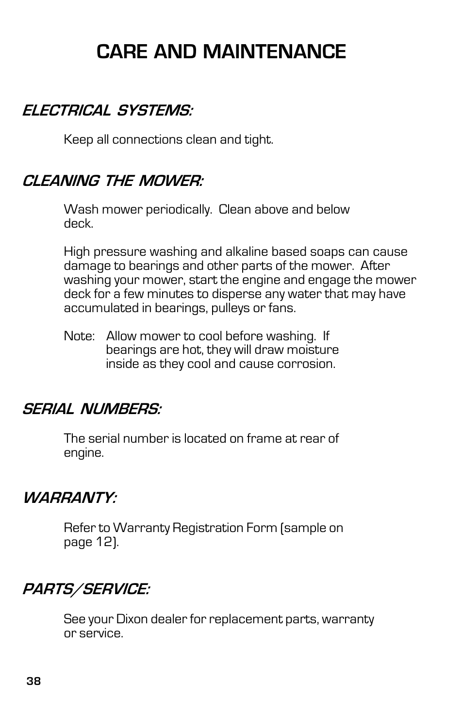 Care and maintenance, Electrical systems, Cleaning the mower | Serial numbers, Warranty, Parts/service | Dixon 13641-0802 User Manual | Page 38 / 44