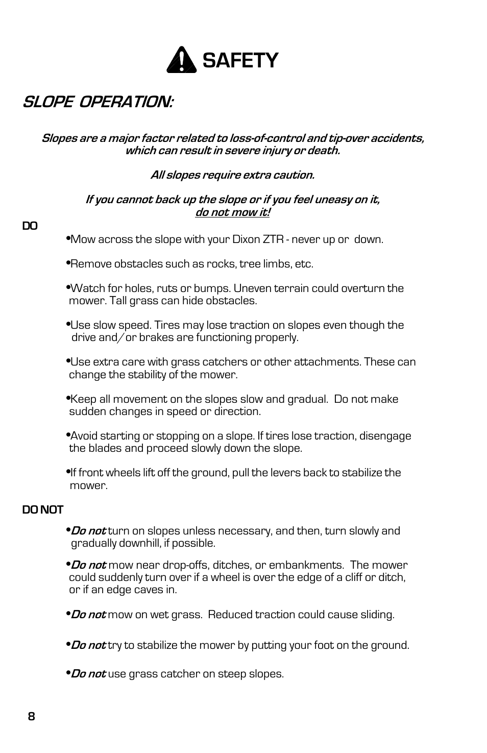 Safety, Slope operation | Dixon 13641-0802 User Manual | Page 8 / 44