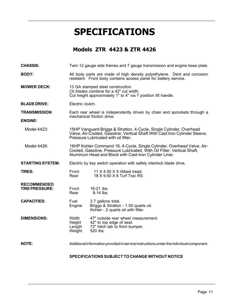 Specifications | Dixon 8950-598 User Manual | Page 11 / 39