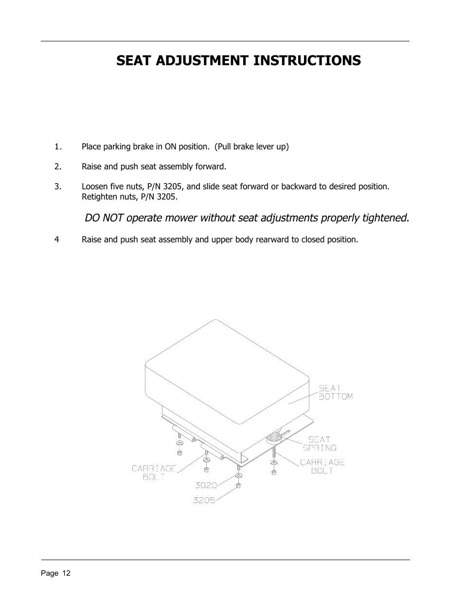 Seat adjustment instructions | Dixon 8950-598 User Manual | Page 12 / 39