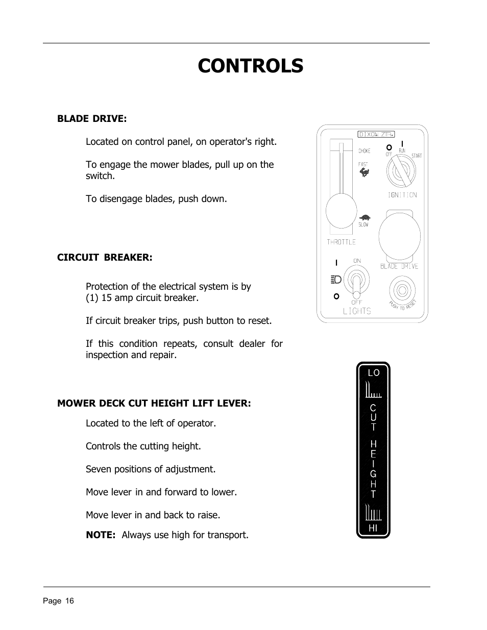 Controls | Dixon 8950-598 User Manual | Page 16 / 39