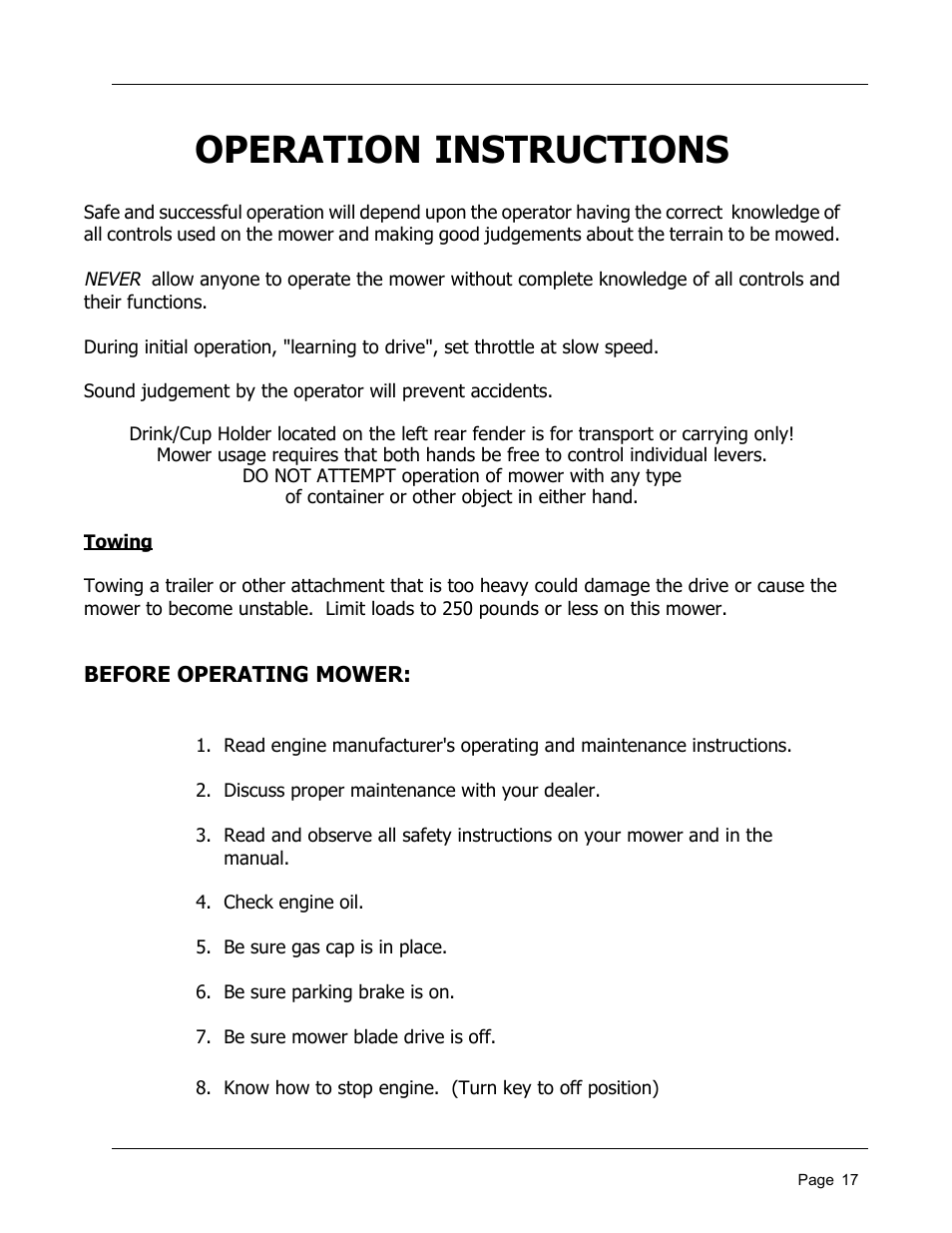 Operation instructions | Dixon 8950-598 User Manual | Page 17 / 39