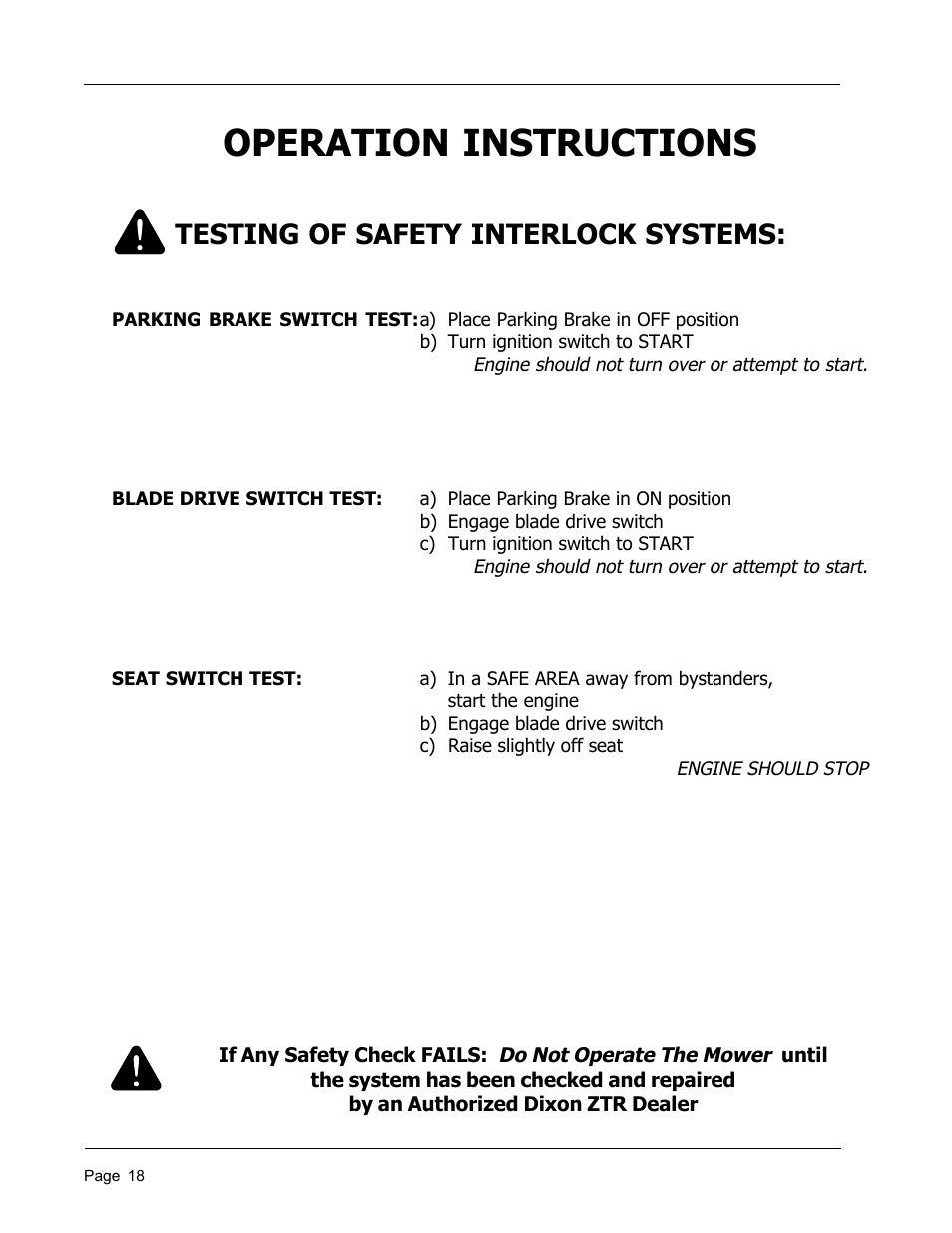 Operation instructions, Testing of safety interlock systems | Dixon 8950-598 User Manual | Page 18 / 39
