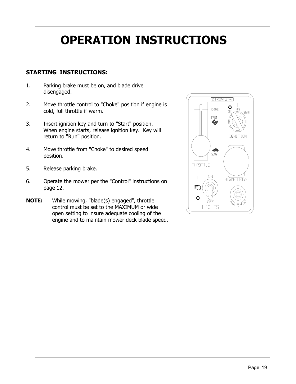 Operation instructions | Dixon 8950-598 User Manual | Page 19 / 39