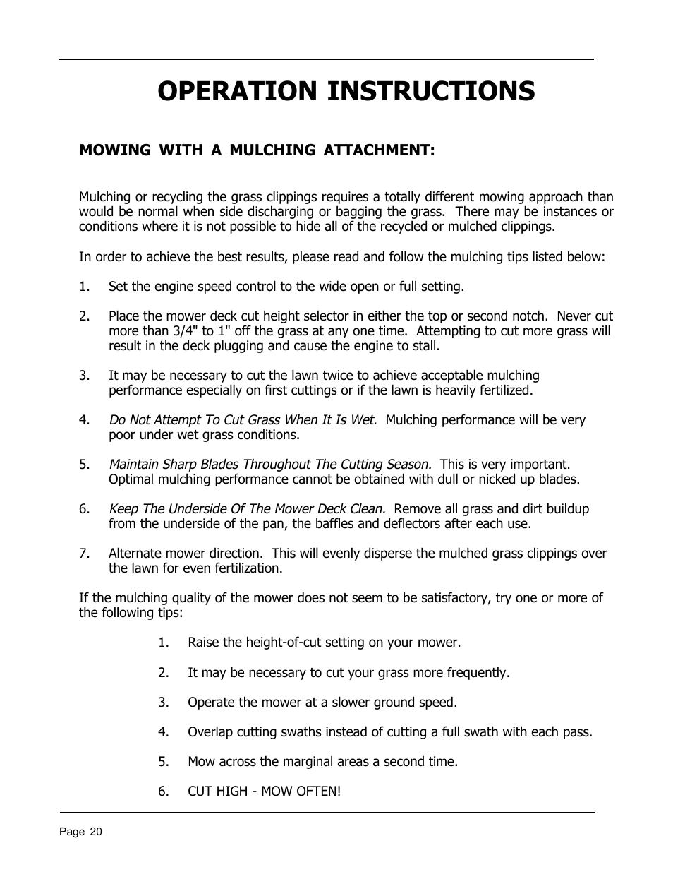 Operation instructions | Dixon 8950-598 User Manual | Page 20 / 39