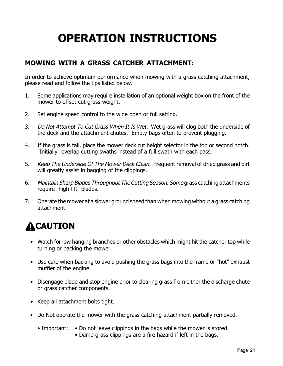 Operation instructions, Caution | Dixon 8950-598 User Manual | Page 21 / 39