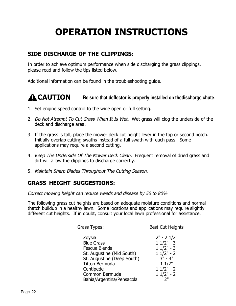 Operation instructions, Caution | Dixon 8950-598 User Manual | Page 22 / 39