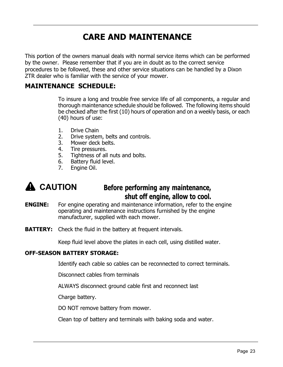 Care and maintenance, Caution | Dixon 8950-598 User Manual | Page 23 / 39