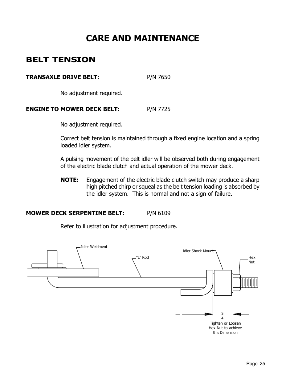 Care and maintenance, Belt tension | Dixon 8950-598 User Manual | Page 25 / 39
