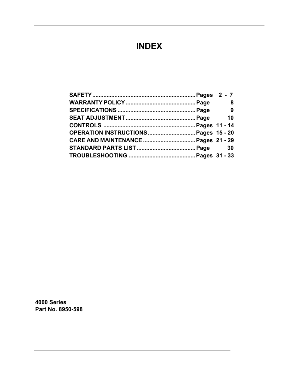 Index | Dixon 8950-598 User Manual | Page 3 / 39