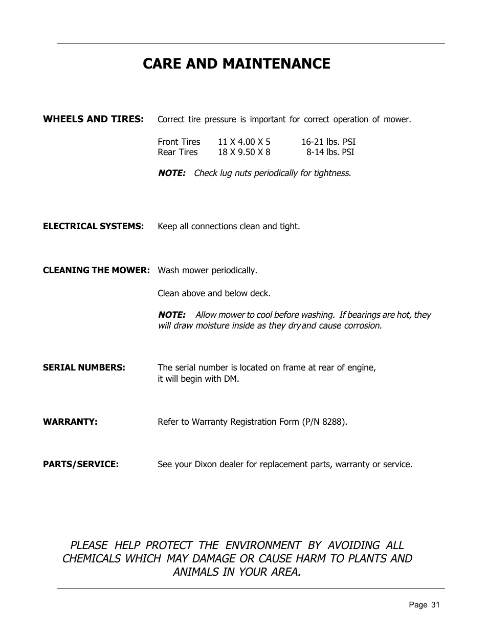 Care and maintenance | Dixon 8950-598 User Manual | Page 31 / 39