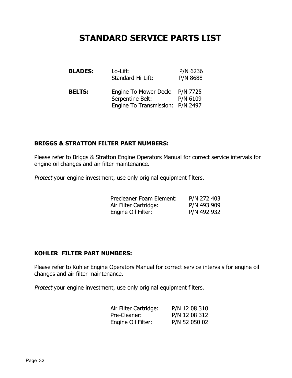 Standard service parts list | Dixon 8950-598 User Manual | Page 32 / 39