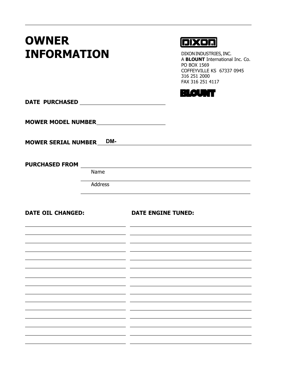 Owner information | Dixon 8950-598 User Manual | Page 38 / 39