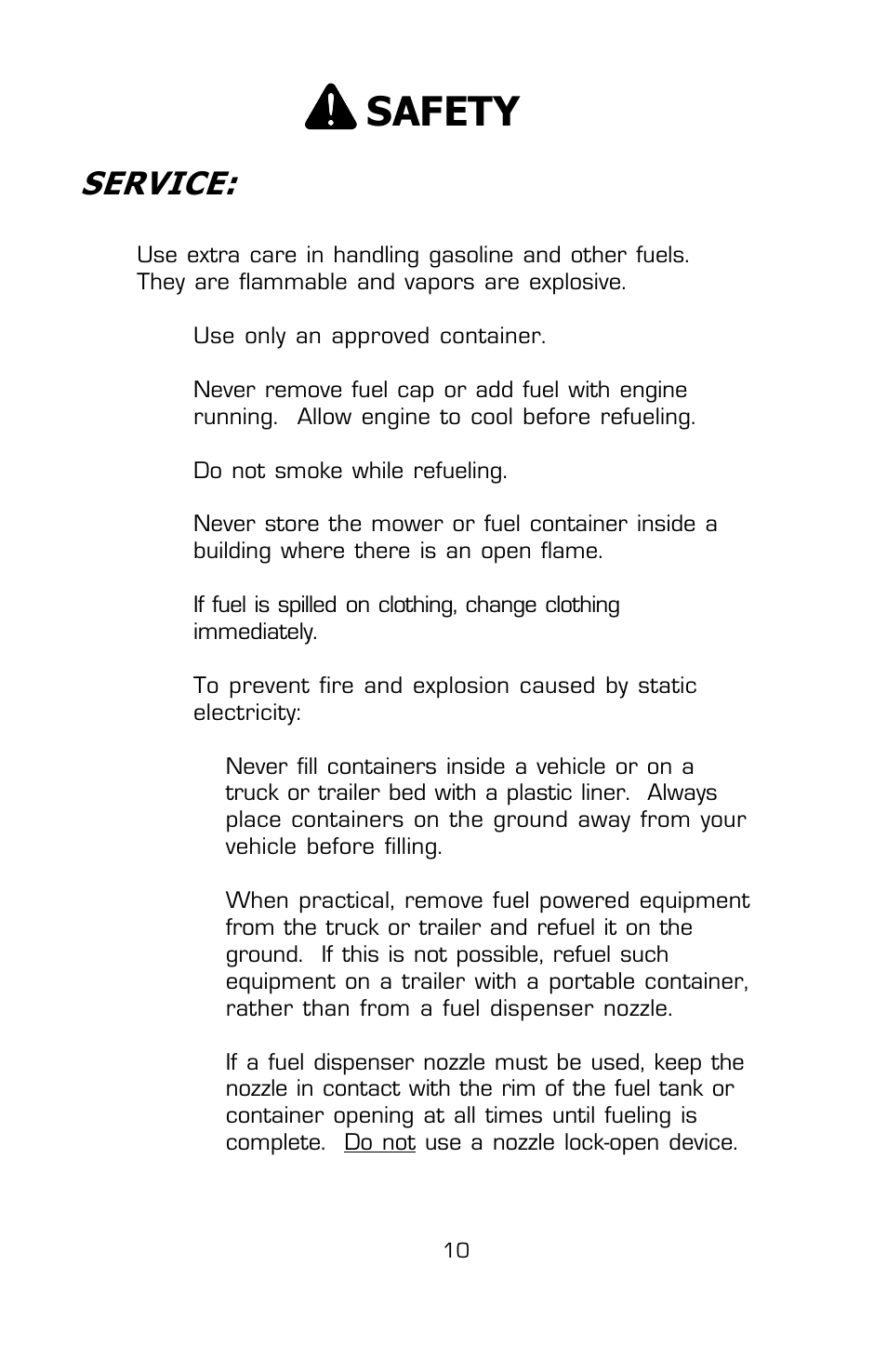Safety, Service | Dixon SPEEDZTR User Manual | Page 10 / 48