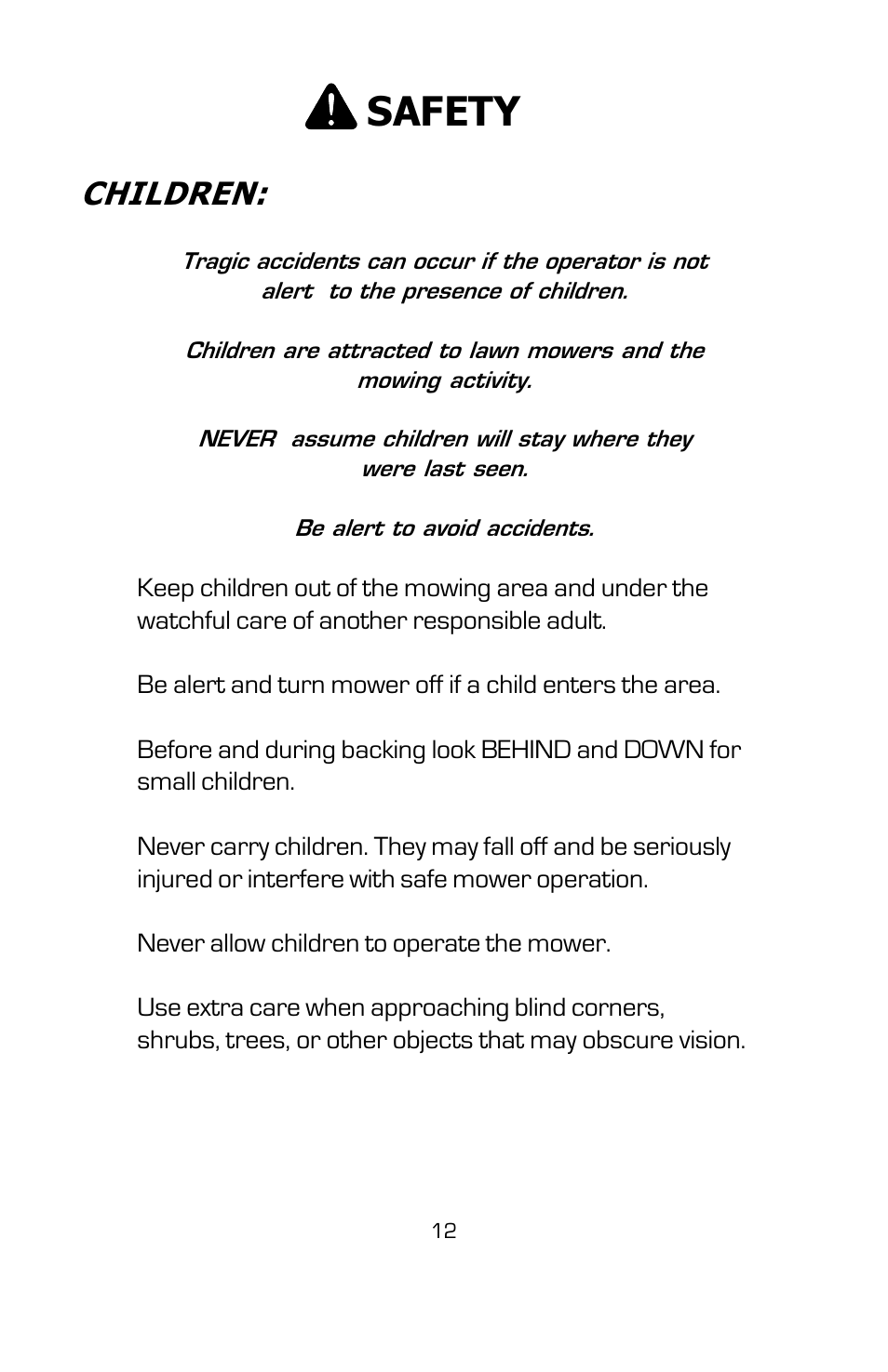 Safety, Children | Dixon SPEEDZTR User Manual | Page 12 / 48