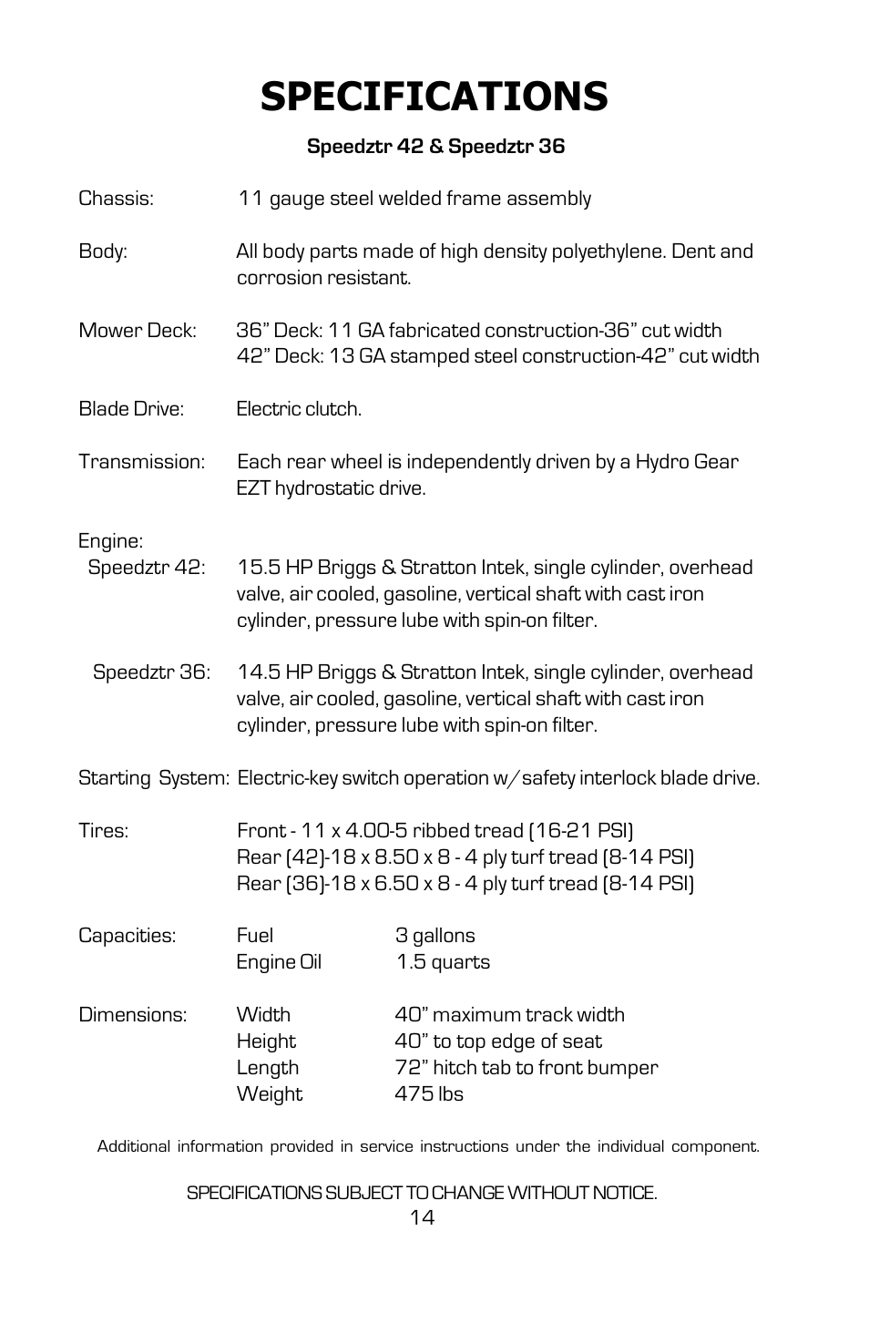Specifications | Dixon SPEEDZTR User Manual | Page 14 / 48