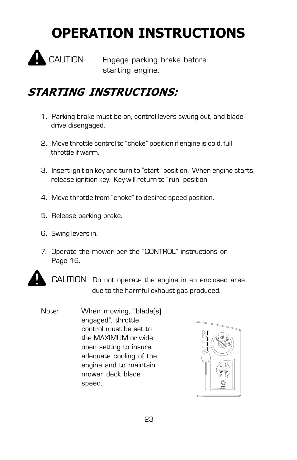 Operation instructions, Starting instructions | Dixon SPEEDZTR User Manual | Page 23 / 48