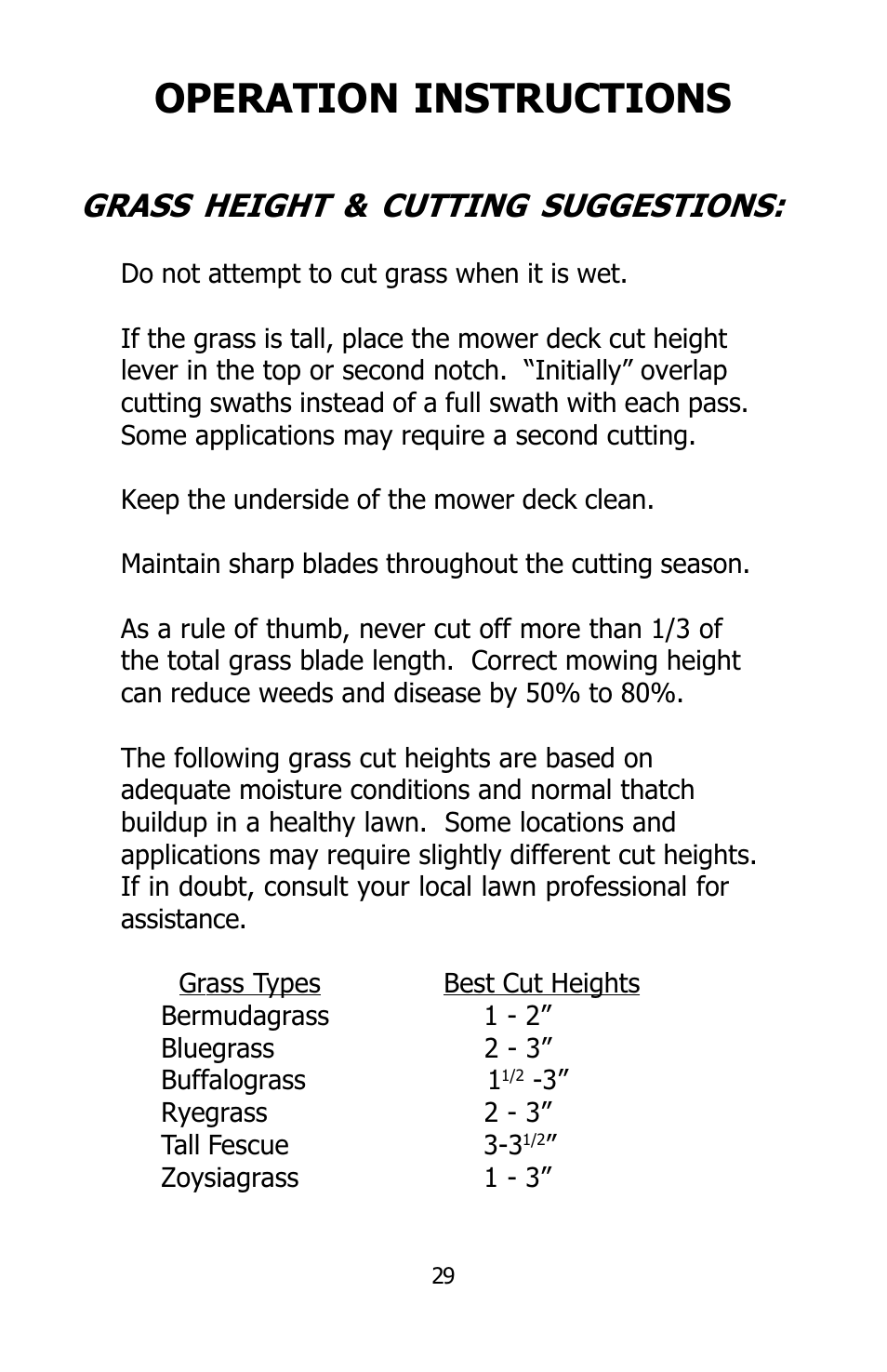 Operation instructions, Grass height & cutting suggestions | Dixon SPEEDZTR User Manual | Page 29 / 48