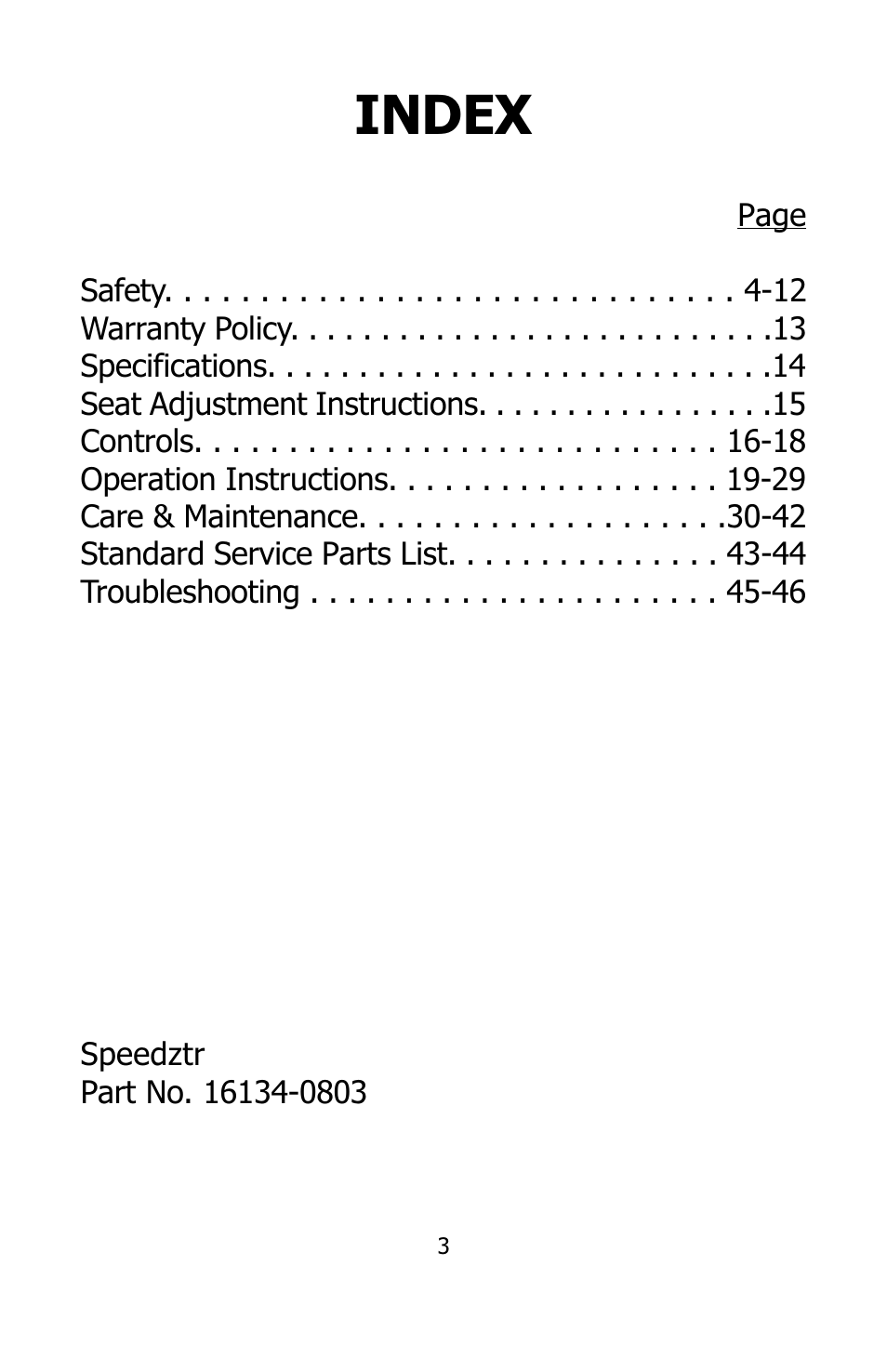 Index | Dixon SPEEDZTR User Manual | Page 3 / 48